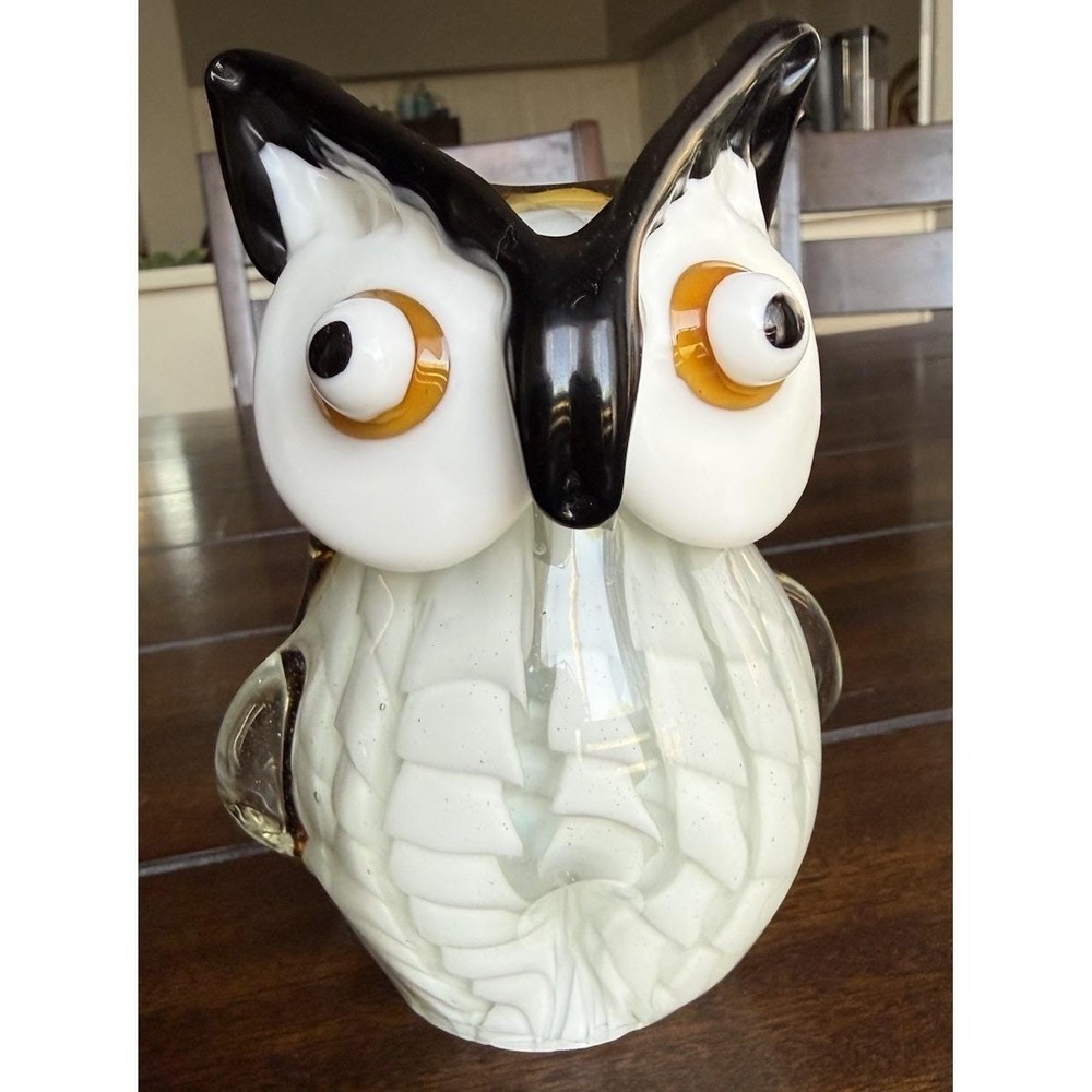 Murano Glass Owl Figurine 4.75" Brown/White/Black Vintage MCM